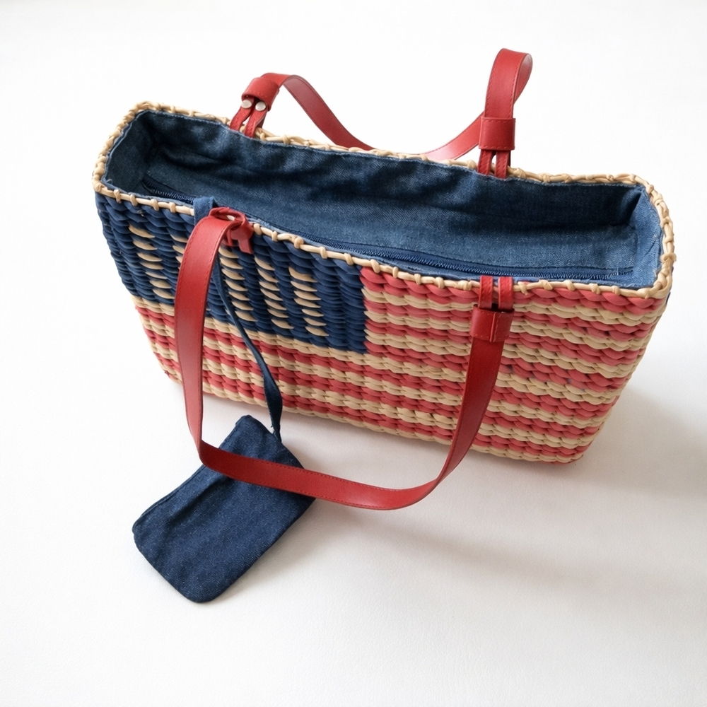 American Flag Straw Tote Bag Woven Patriotic Red White Blue Summer Beach Market - Picture 4 of 9